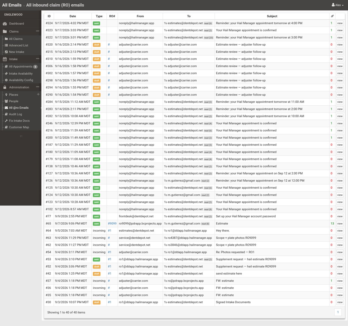 Email log inside a claim with delivered and read chips per recipient