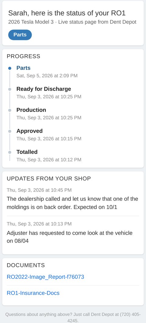 Customer repair status page on a phone