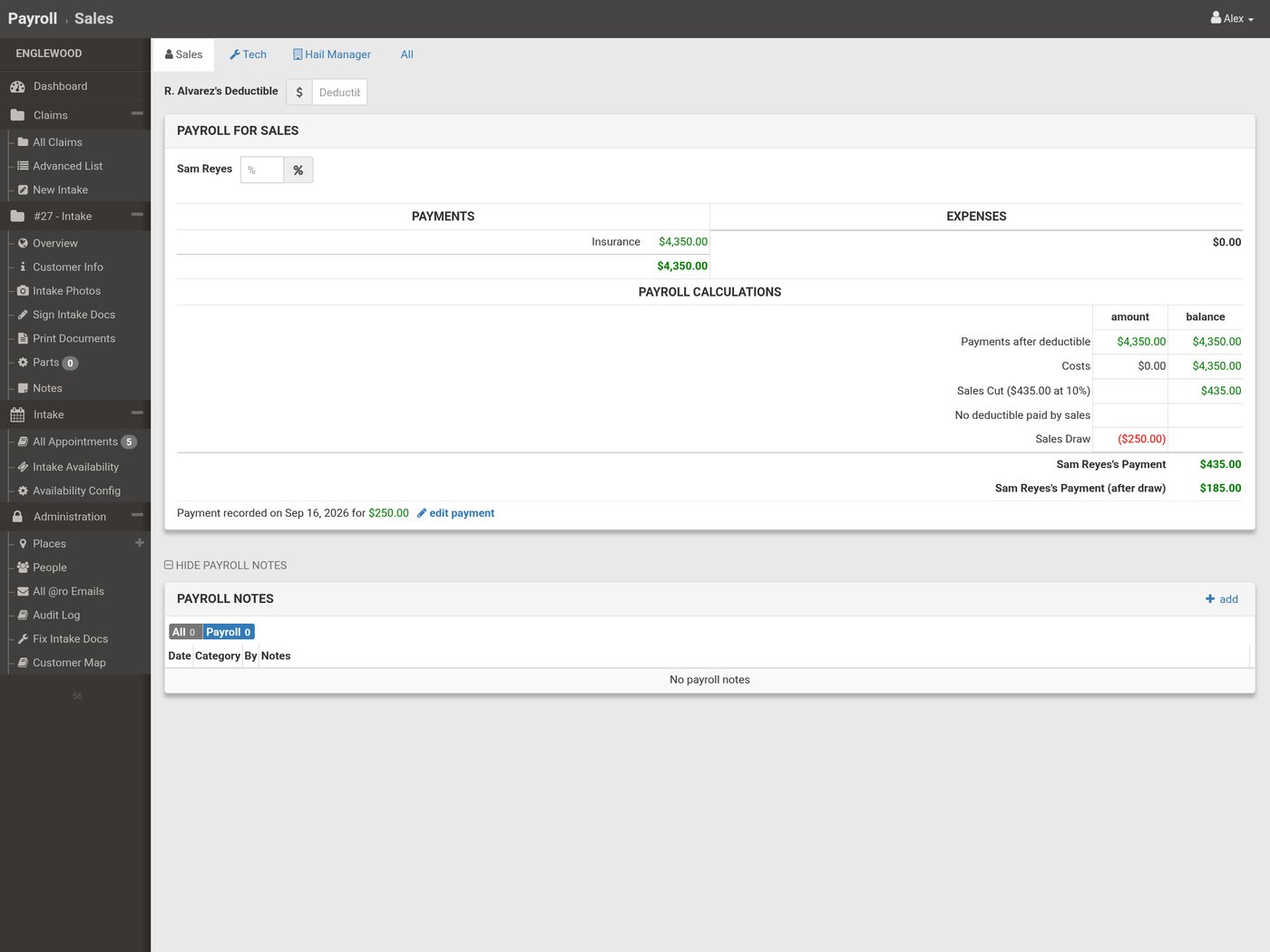 Sales payroll calculation inside a claim