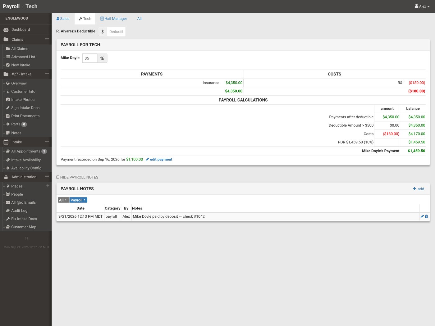 Payroll page inside a claim showing the tech's cut calculation