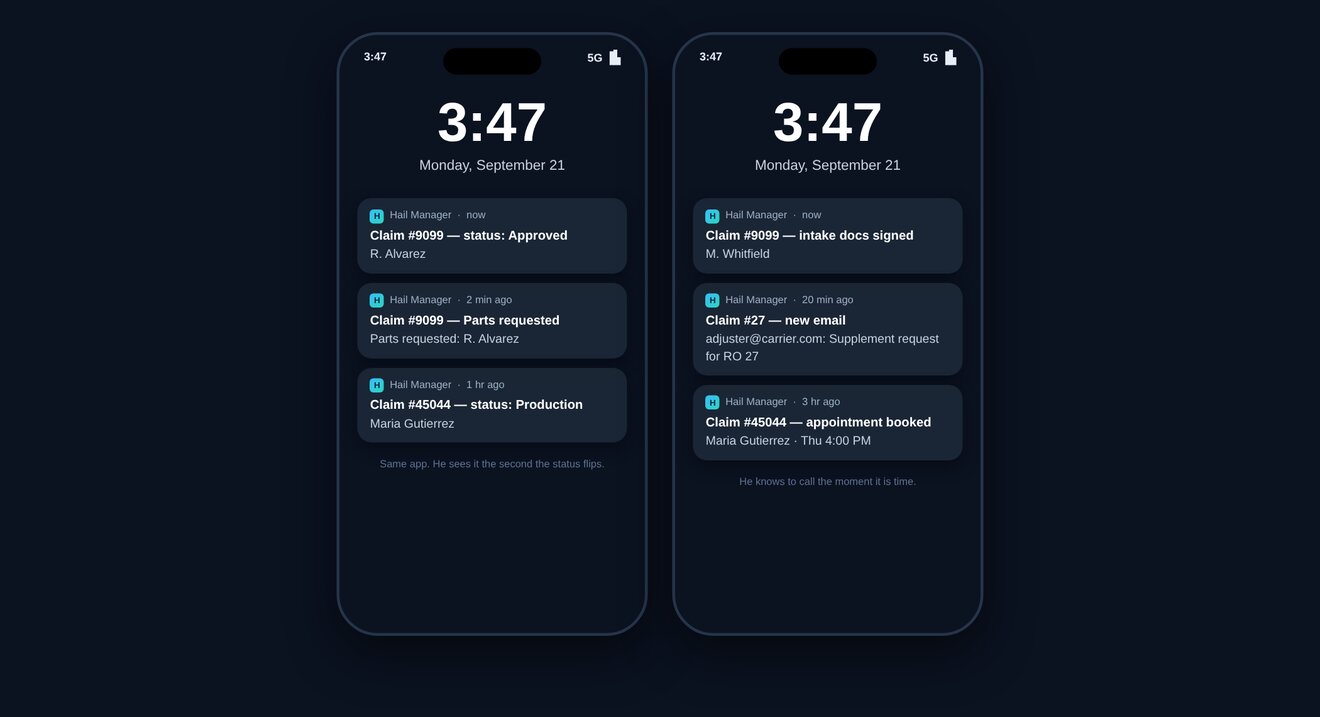 Two lock screens: a technician's phone sees status Approved, a salesman's phone sees intake docs signed